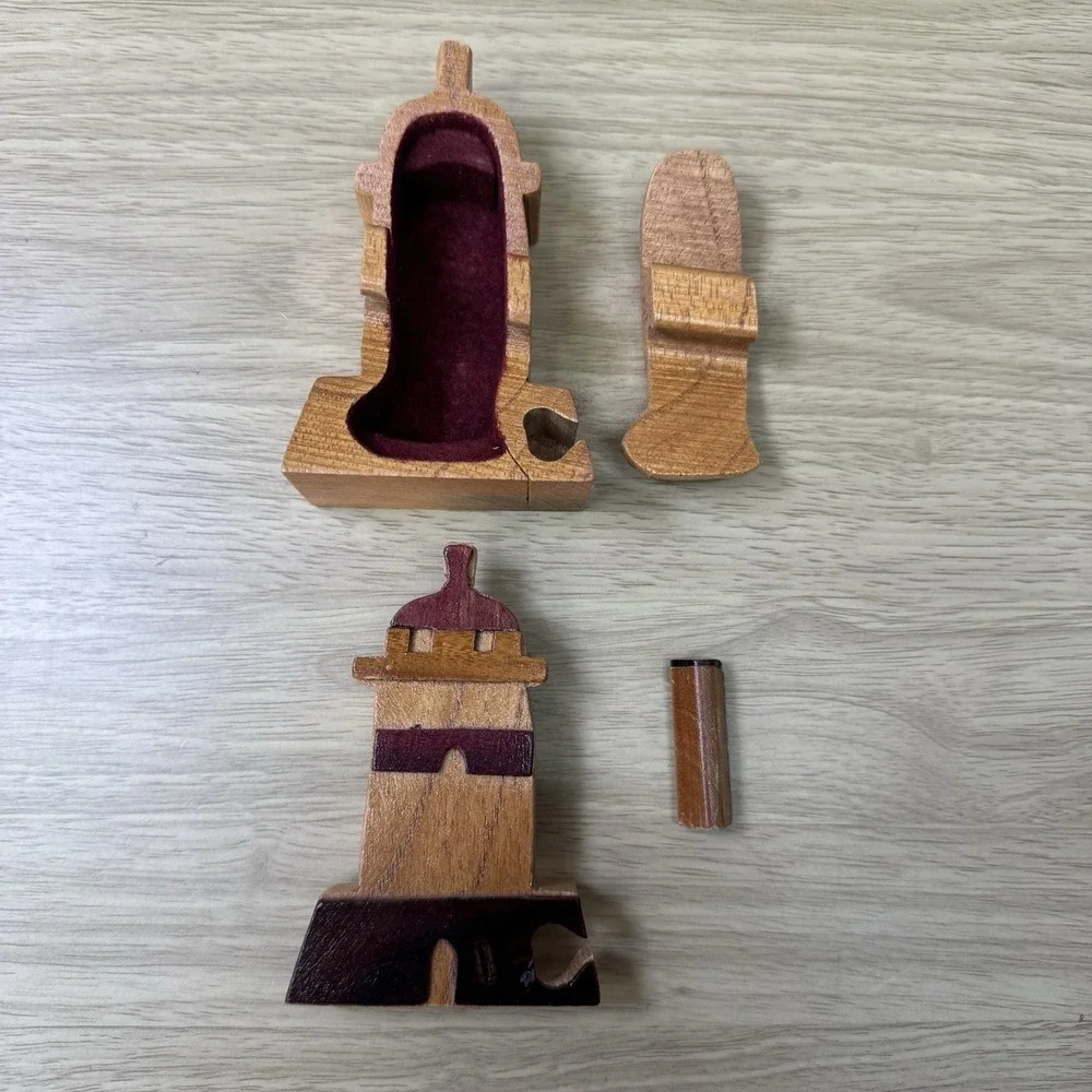 Handcrafted Wooden Lighthouse Shape Secret Jewelry Puzzle Box 4.5